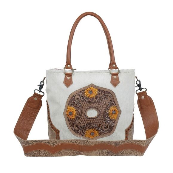 Myra Bag Handmade Burnished Hand Tooled Bag Upcycled Canvas & Cowhide Leather - Picture 7 of 8